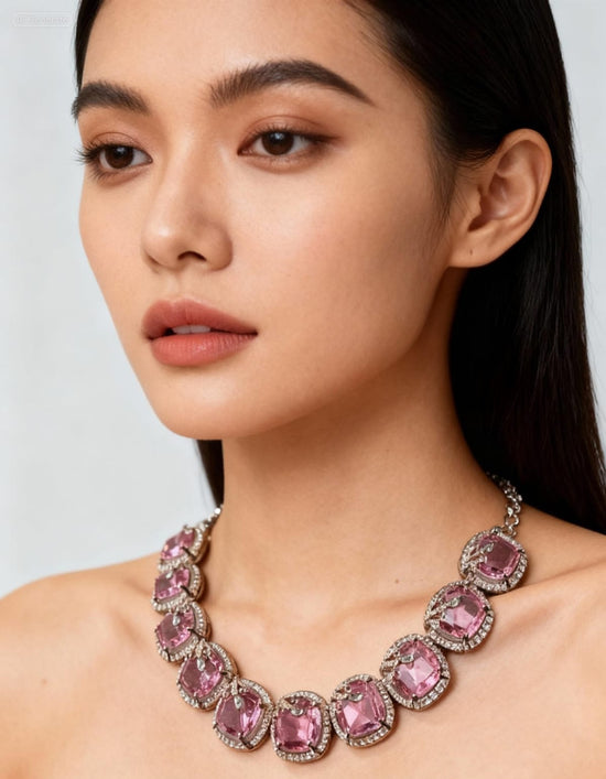 Pink Sapphire Halo Jewelry Set (Necklace Earrings & Forehead Piece
