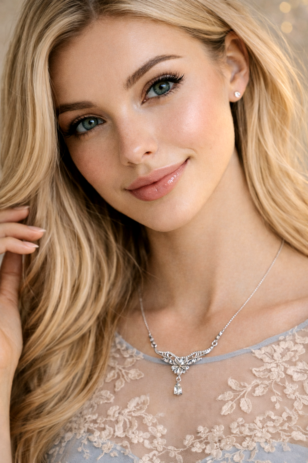 Woman wearing a silver necklace with a delicate pendant