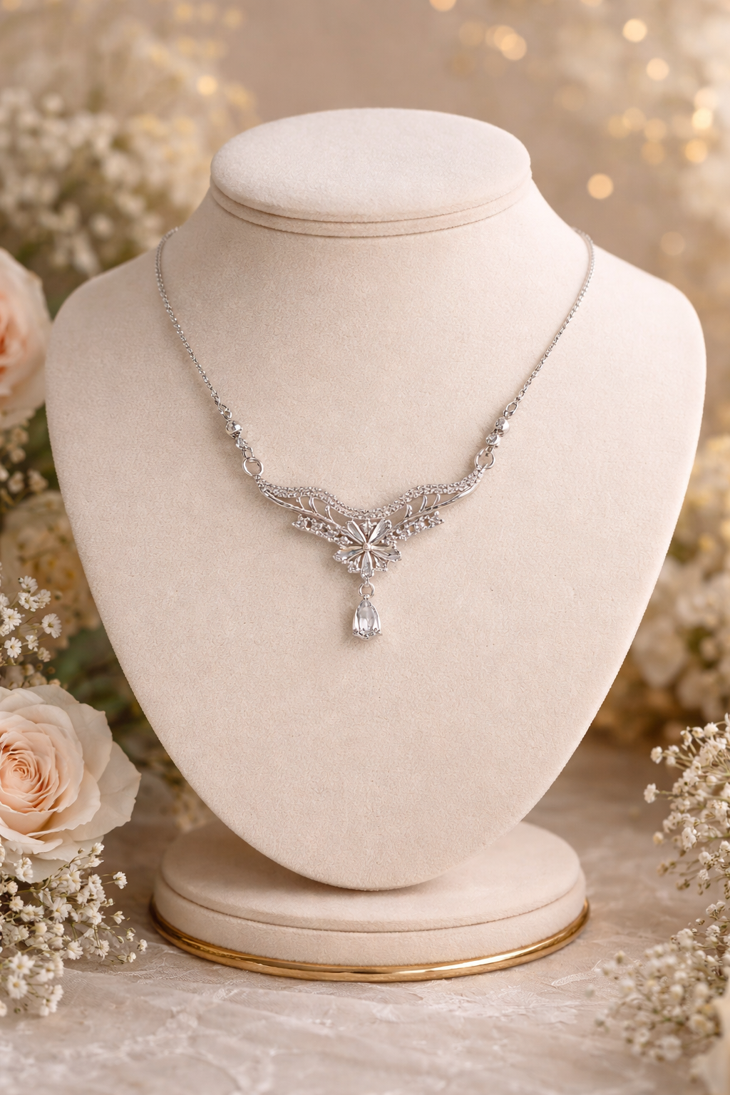 Silver necklace on a white bust with floral background