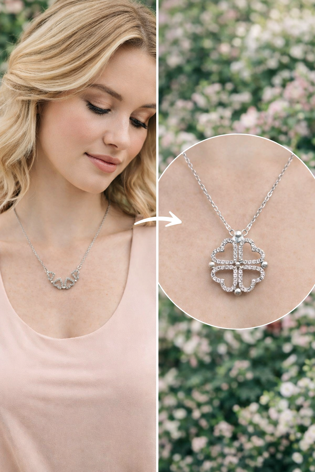 Woman wearing a silver necklace with a detailed pendant against a blurred floral background