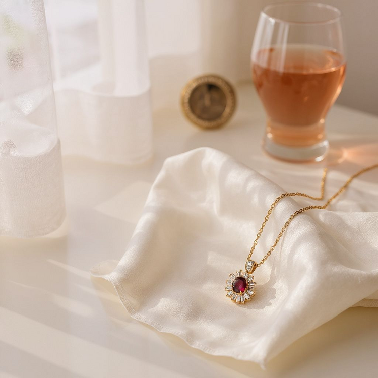 Gold necklace with a red gemstone pendant on a white fabric surface with a glass of pink wine in the background.