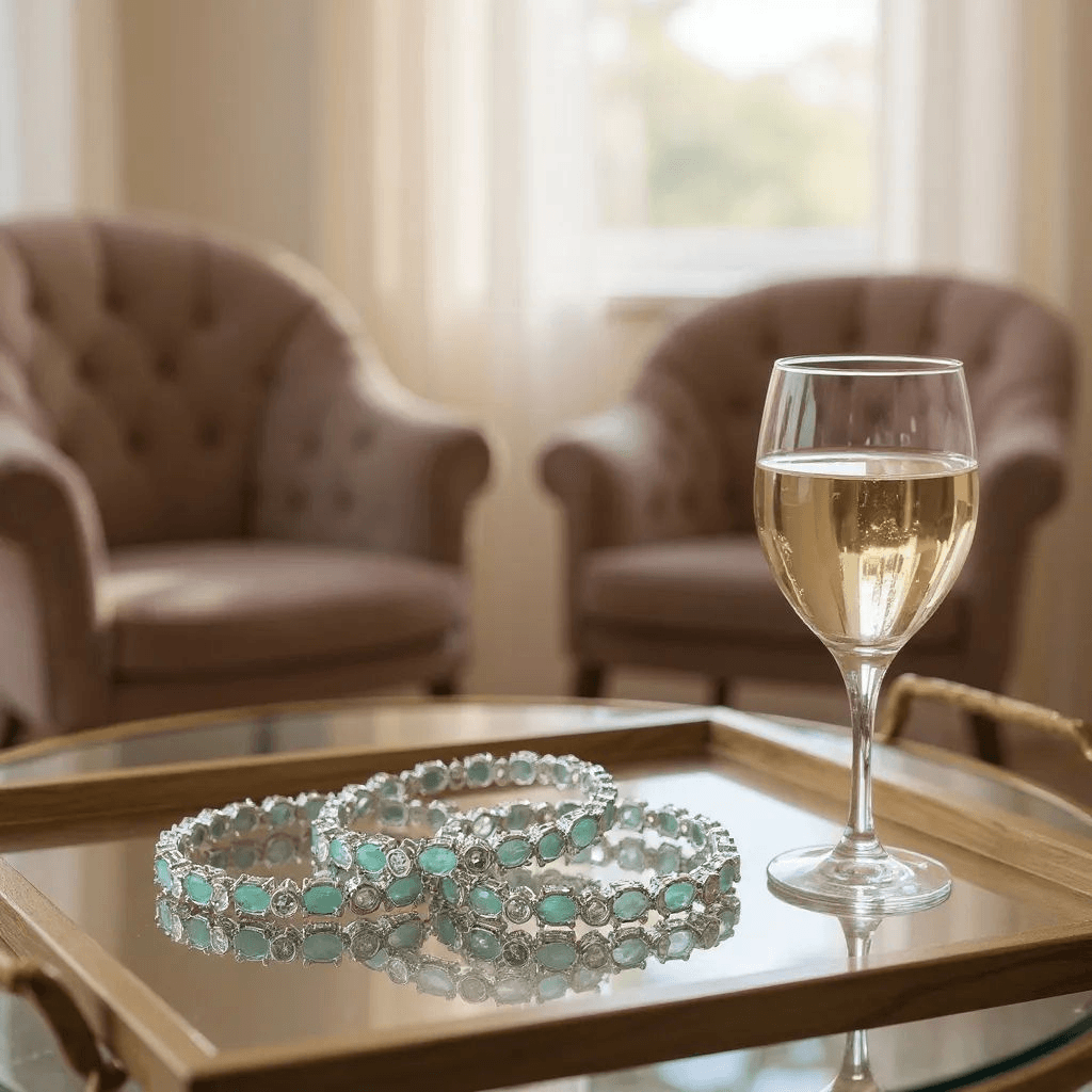 Silver bracelets on a glass table with a glass of champagne in a cozy room.