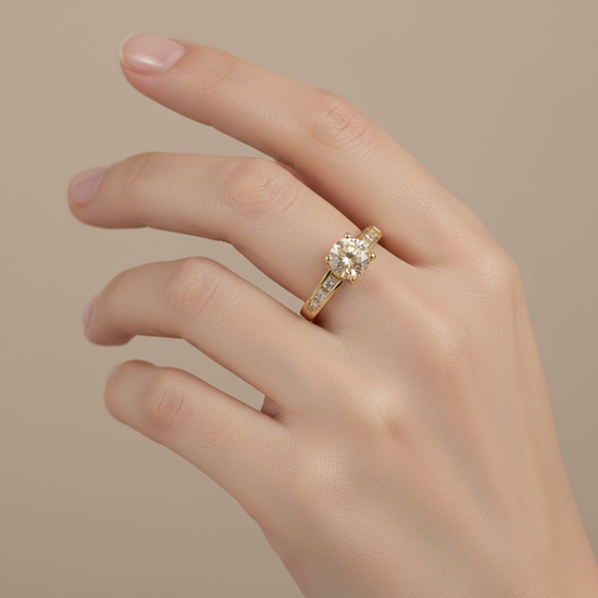 Gold Plated Solitaire Ring with Side Zircon Accents  Elegant Engagement Style
