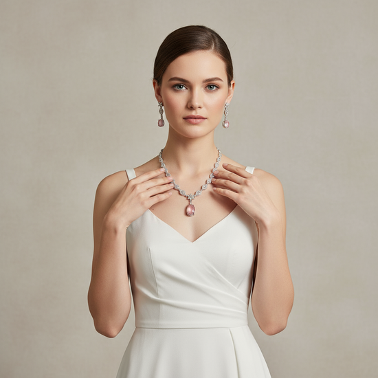 Elegant Oval Crystal Necklace Set with Earrings & Tikka – Pink & White Variants