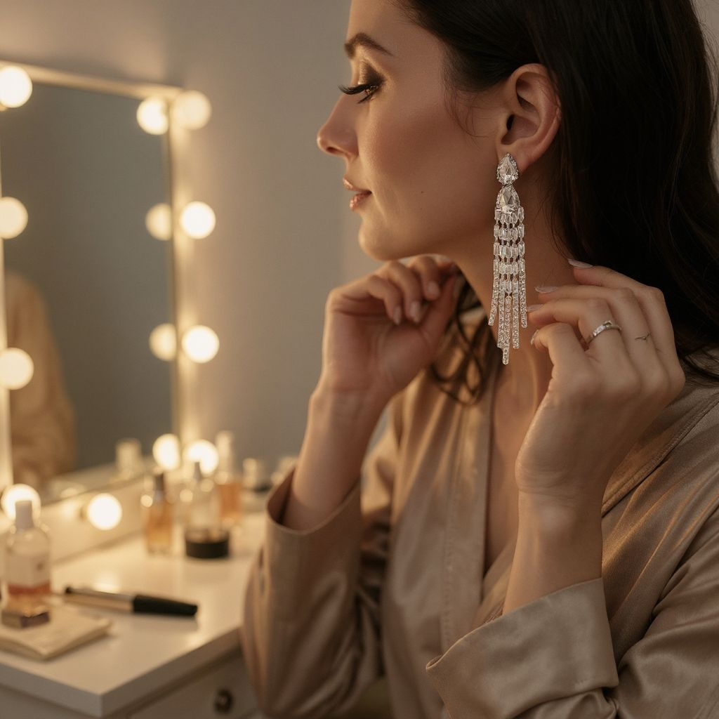 Woman adjusting earrings in front of a vanity mirror with lights.