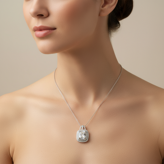 Aurelia Luxe Gemstone Necklace - Sterling Silver Pendant with Crystal Halo (4 Colours)