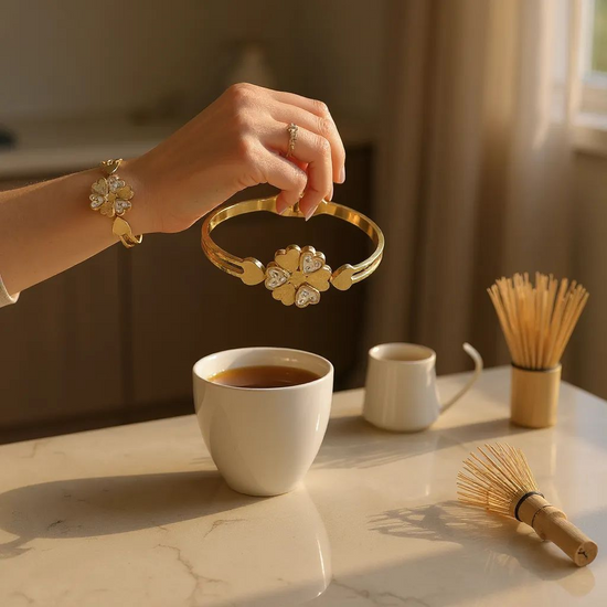 Gold Clover Heart Charm Bangle with Crystal Accents