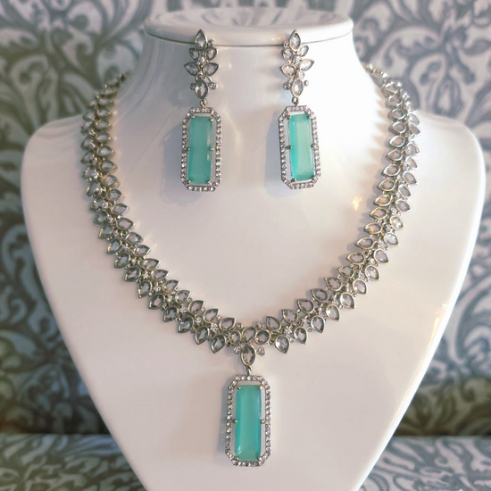 Emerald Glow Necklace & Earring Set  Silver Plated with Cubic Zirconia
