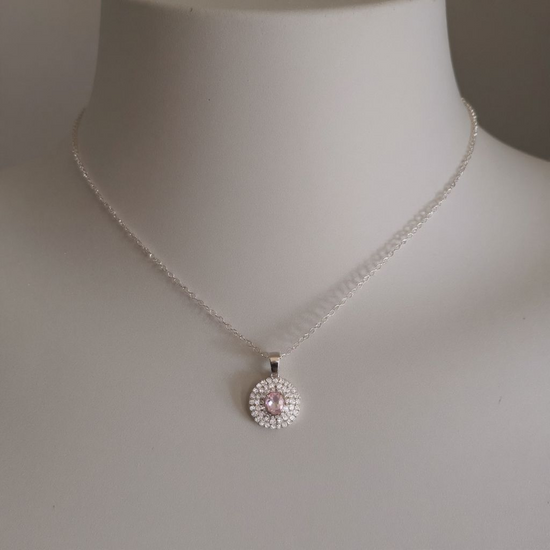 Blush Halo Pendant Necklace - Sterling Silver with Pink Crystal & CZ Halo