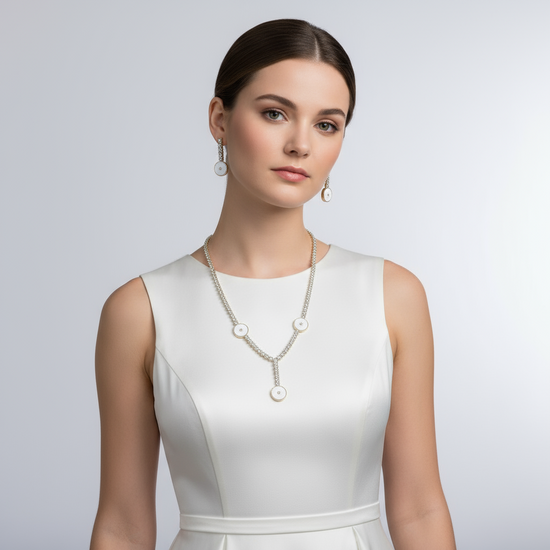 Luxury Round Inlay Necklace & Earring Set - White Mother-of-Pearl / Black Onyx, Gold Finish