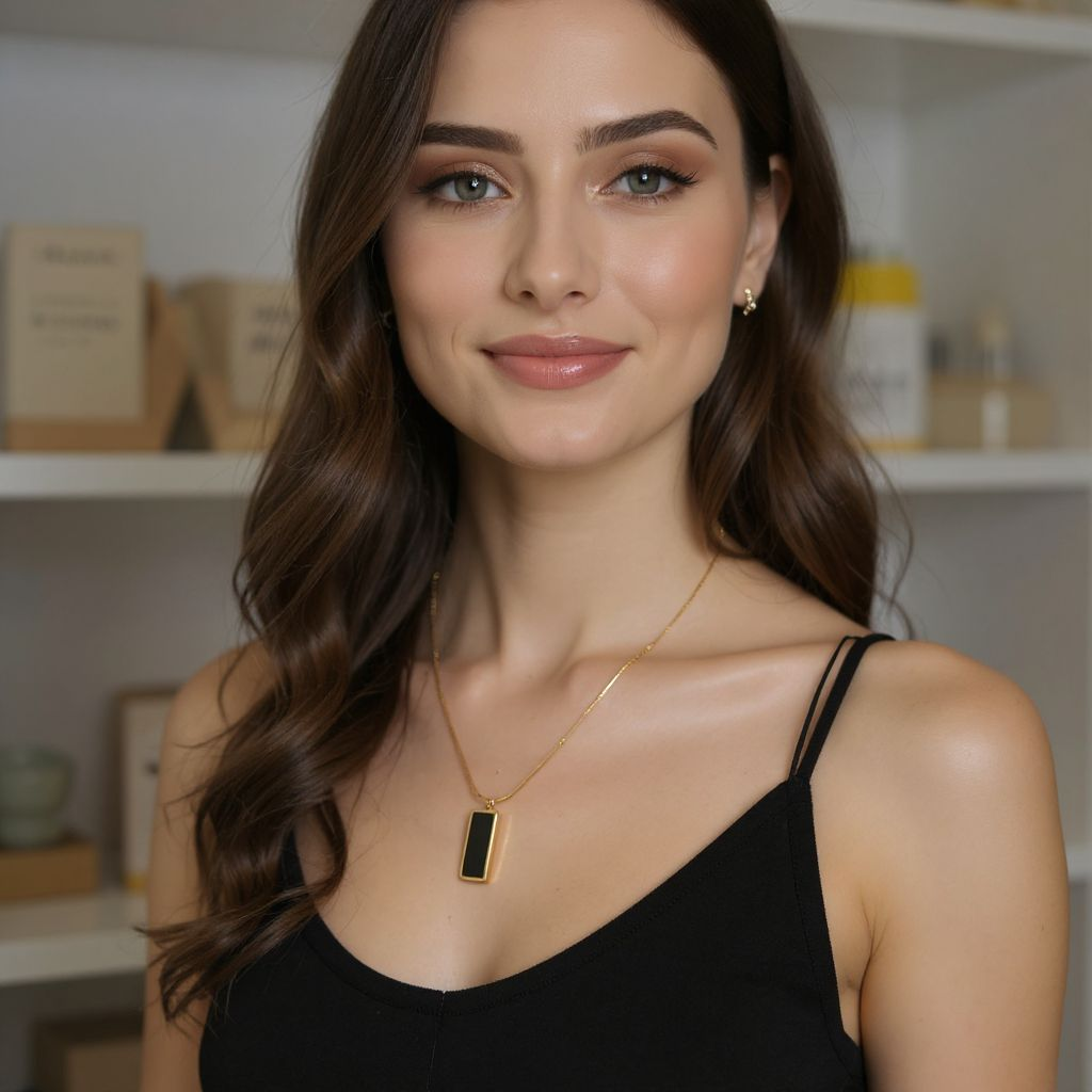 Woman wearing a gold necklace with a black pendant in a neutral setting