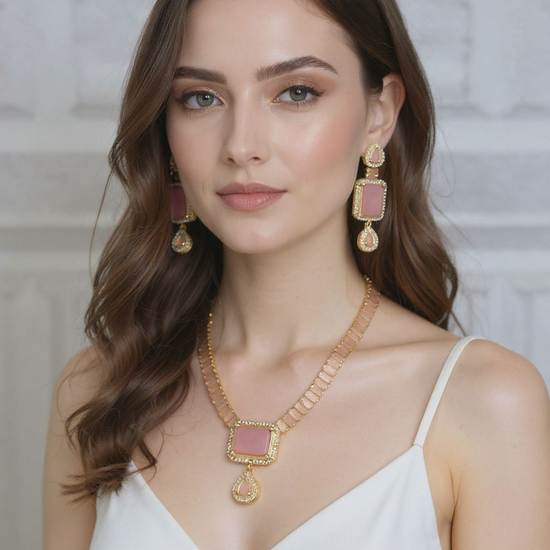 Regal Gemstone Necklace & Earrings Set - Pink & Green Variants