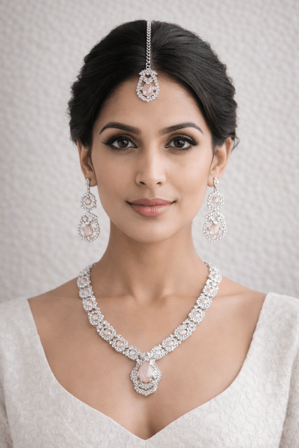 Woman wearing a luxurious diamond necklace and earrings on a neutral background