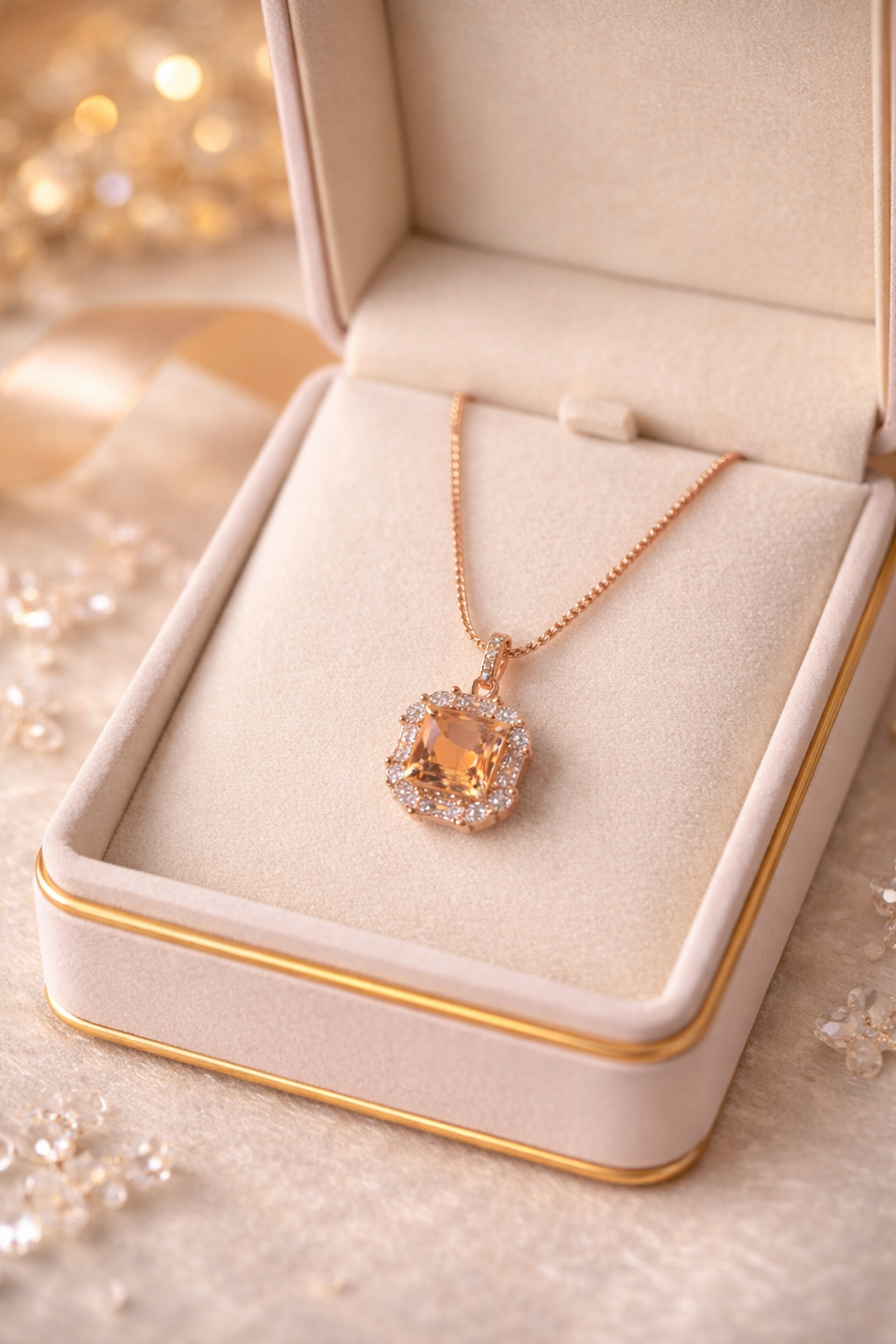 Rose gold necklace with a large gemstone in an open jewelry box on a soft background