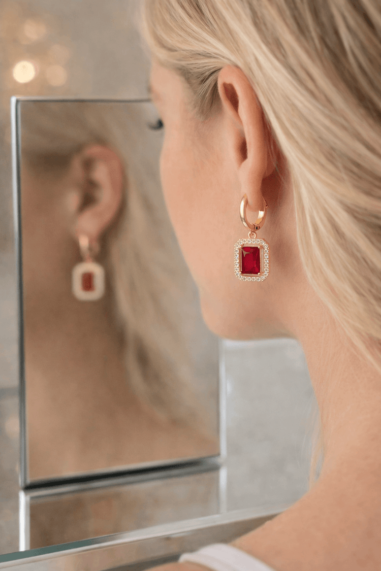 Elegant square-cut crystal drop earrings in red and silver variants
