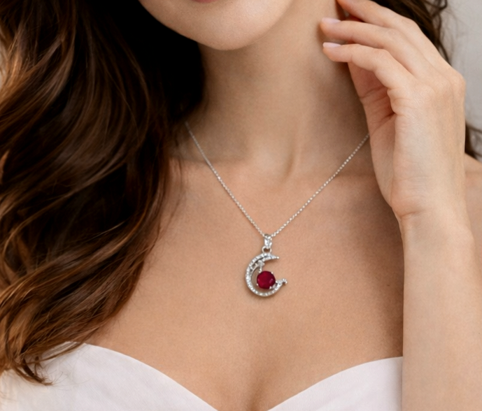 Woman wearing a silver necklace with a red gemstone pendant