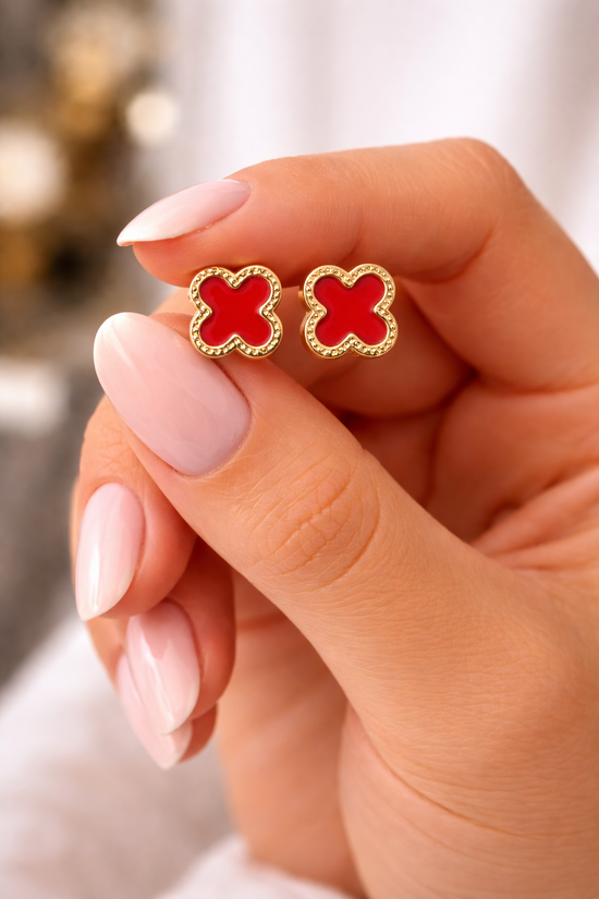 Ruby Clover Stud Earrings | Gold Plated Red Crystal Stud Jewellery