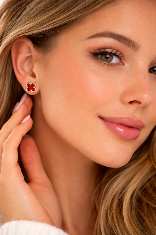 Ruby Clover Stud Earrings | Gold Plated Red Crystal Stud Jewellery
