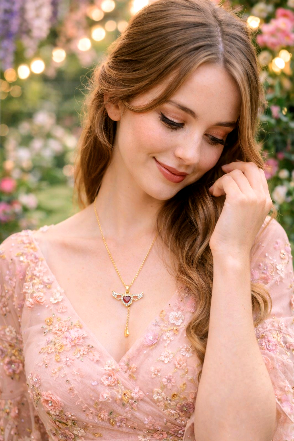 Woman wearing a pink dress with floral embellishments and a necklace, standing in a garden setting.
