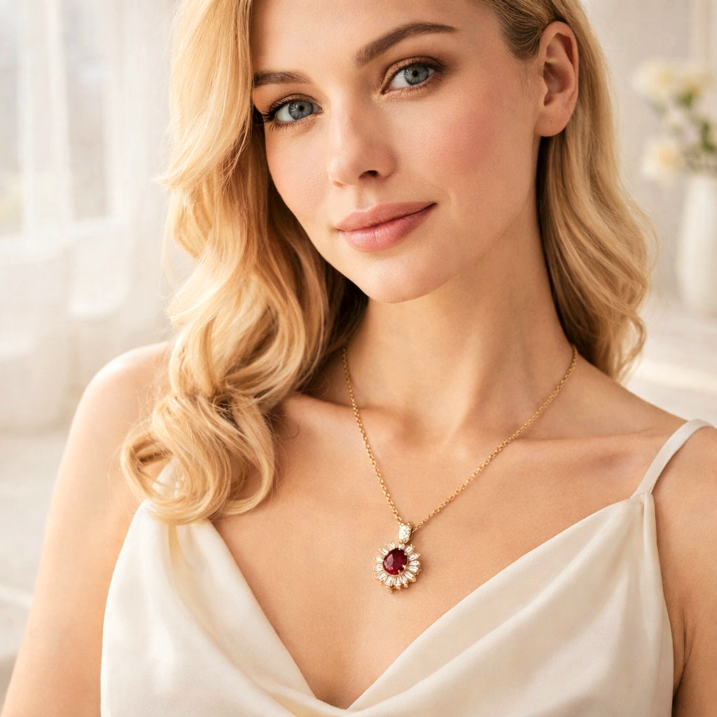 Woman wearing a gold necklace with a red gemstone in a soft, blurred background