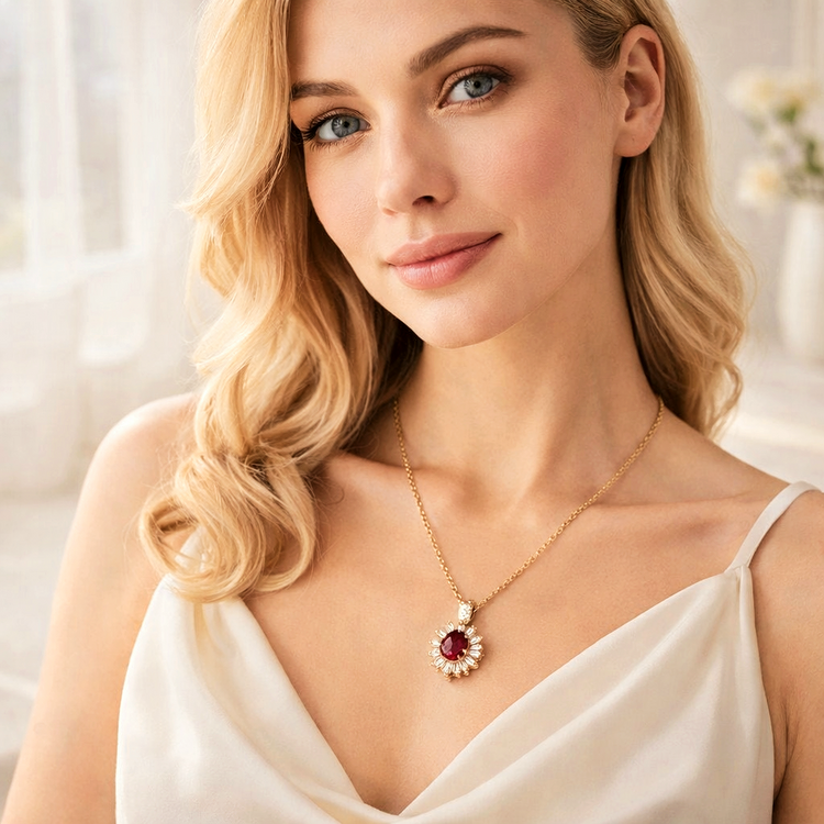 Woman wearing a gold necklace with a red gemstone in a soft, blurred background