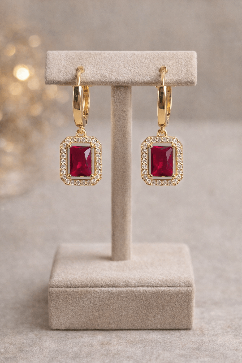 Gold and red crystal drop earrings in jewelry gift box