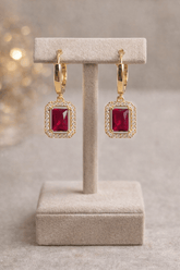 Gold and red crystal drop earrings in jewelry gift box