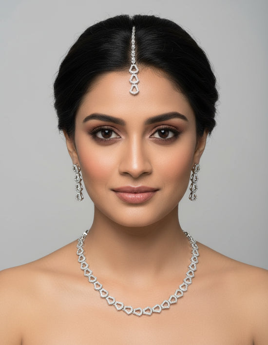Crystal Teardrop Diamond-Cut Jewellery Set  - Bracelet  Earrings & Maang Tikka  Silver Plated