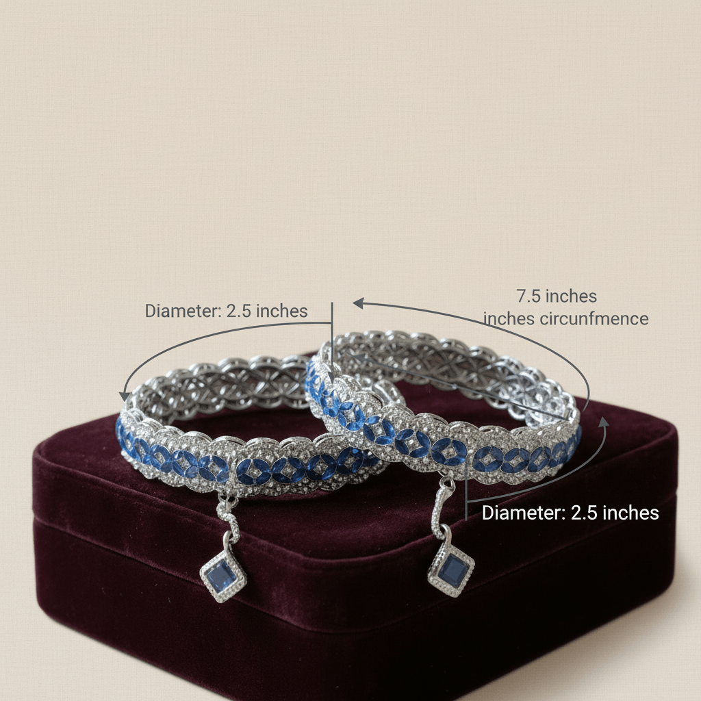 Two silver bracelets with blue stones on a purple stand, showing measurements.