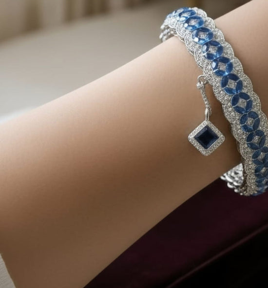 Royal Blue Crystal Bangle    Elegant Silver Finish