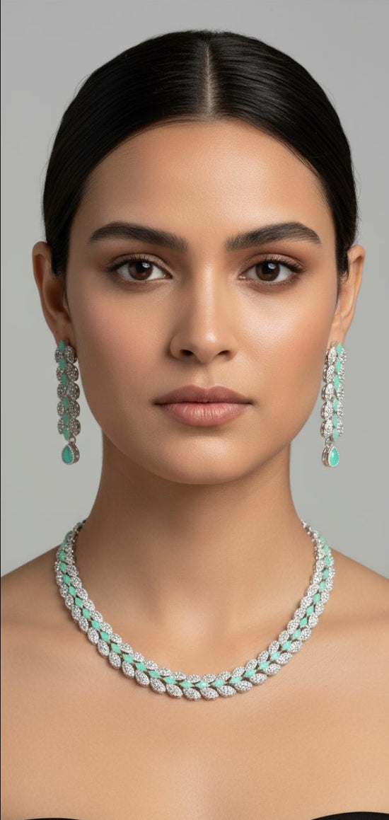 Emerald Green Crystal Necklace & Earrings Set   Double Layer Silver Plated Jewellery