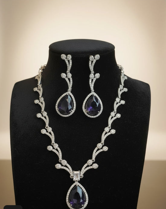 Purple Teardrop Necklace & Earrings Set - Silver Plated Crystal Jewellery