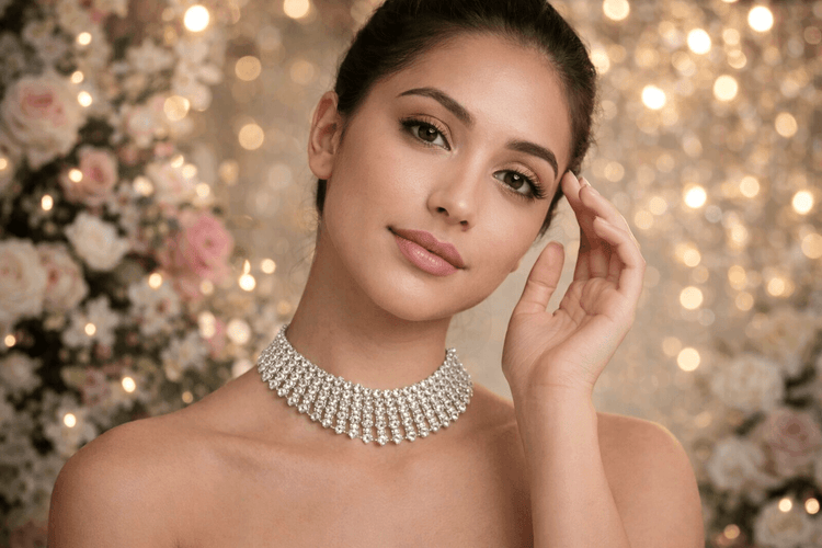 Woman wearing a silver necklace with a festive background