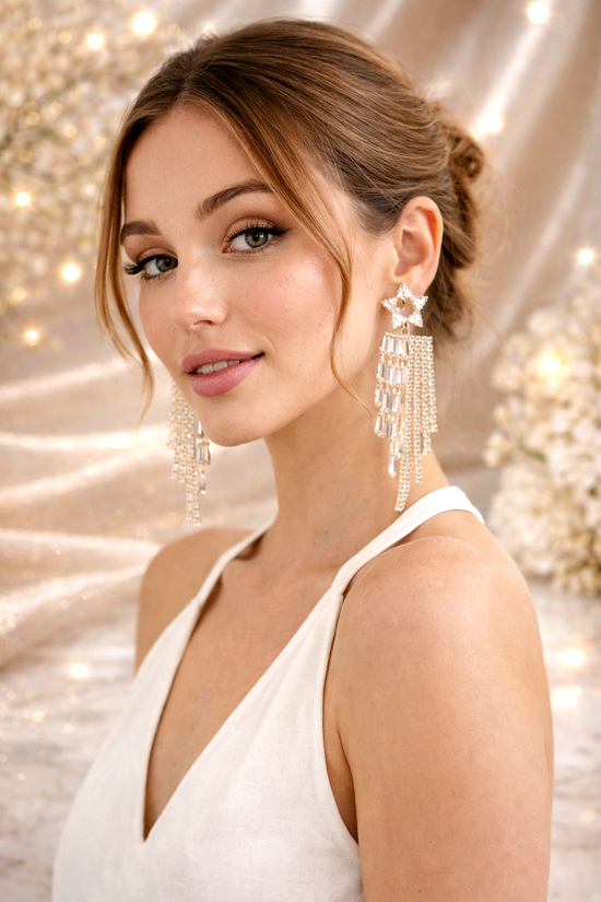 Celestial Starburst Crystal Cascade Earrings / Gold Plated Statement Jewellery