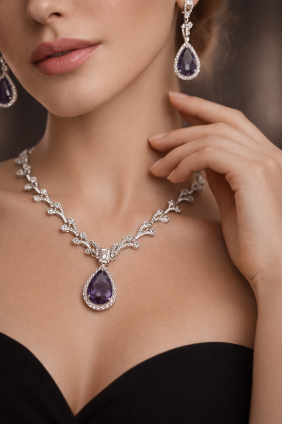 Luxury royal Purple Teardrop Necklace Set | Silver Plated With Zirconia Accents