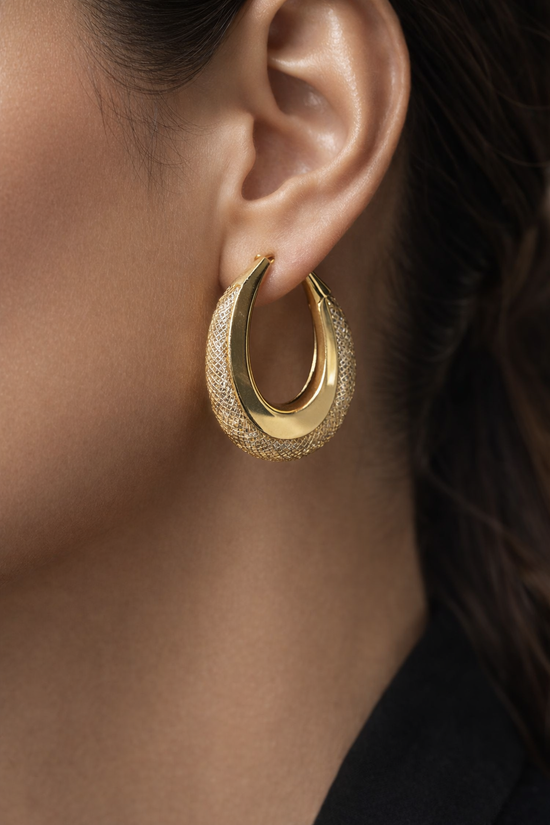 Gold Mesh Wave Hoop Earrings for Women | Textured Modern Hoops