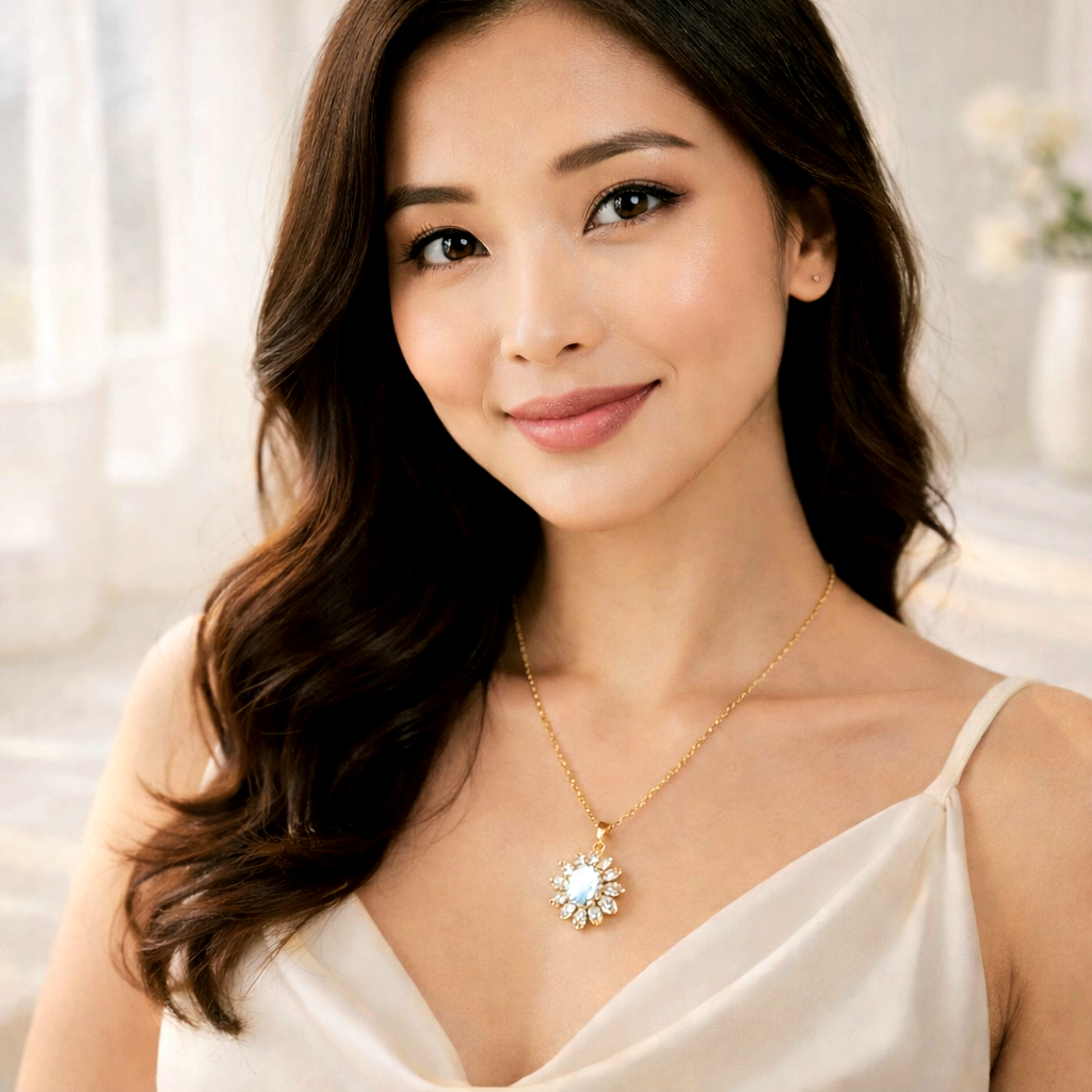 Woman wearing a gold necklace with a pendant against a blurred background