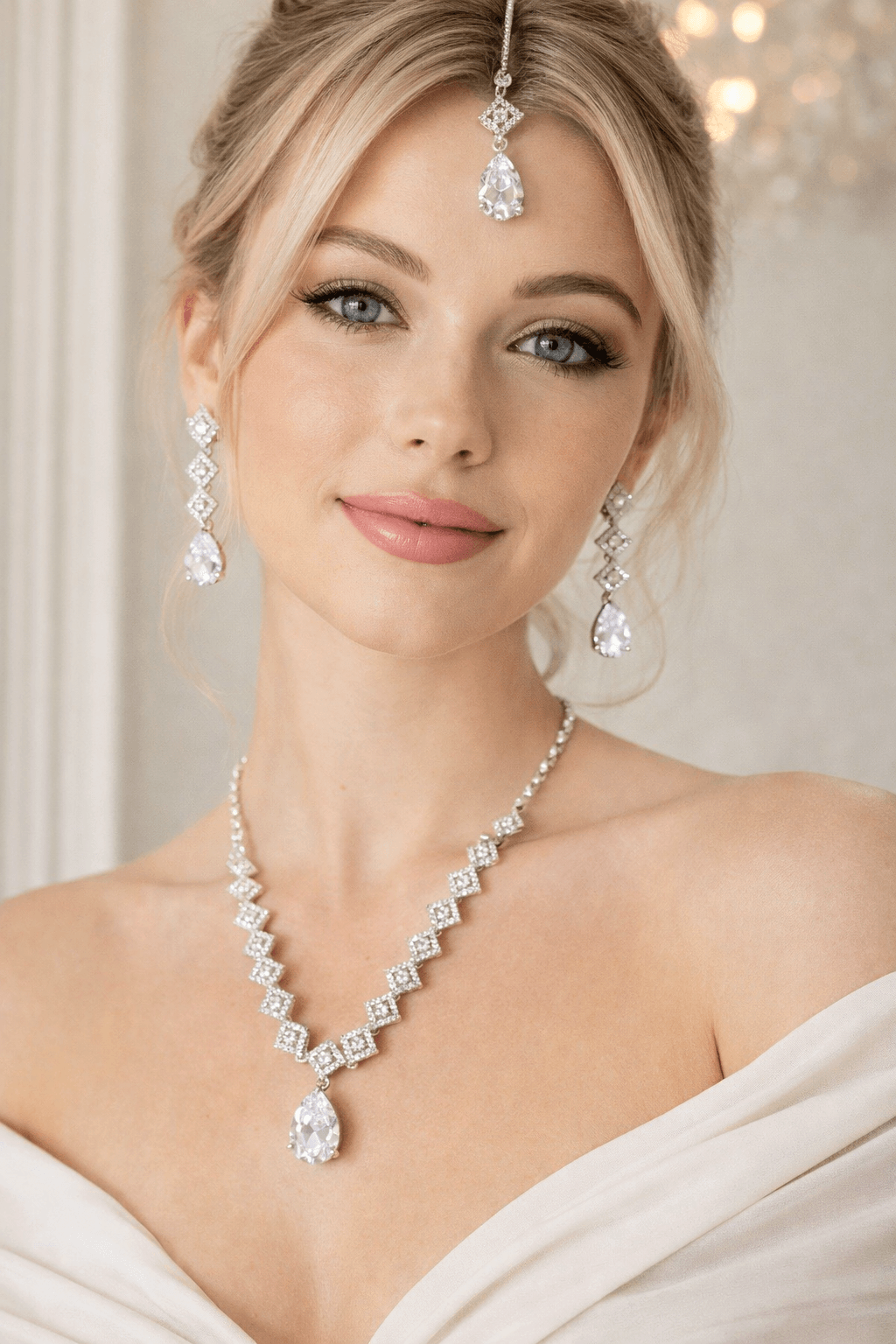 Woman wearing a diamond necklace and earrings with a white background