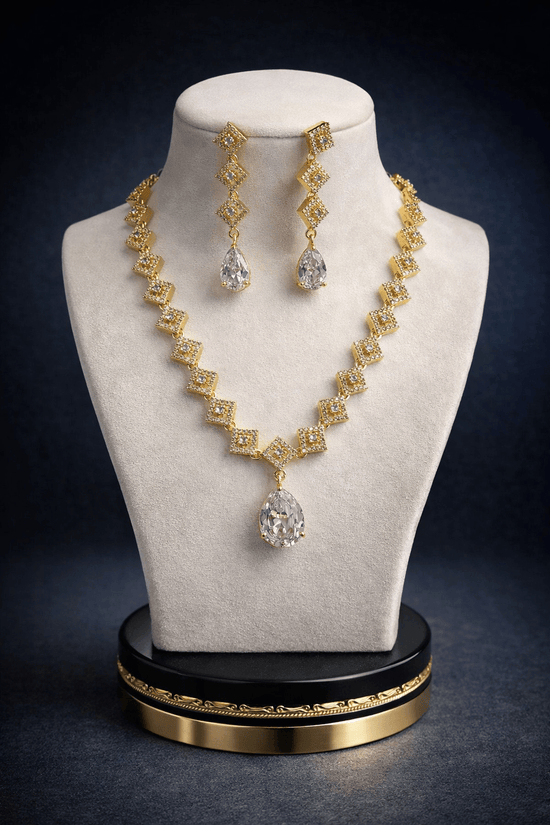 Premium Gold-Plated Square Link Zircon 3-Piece Jewellery Set