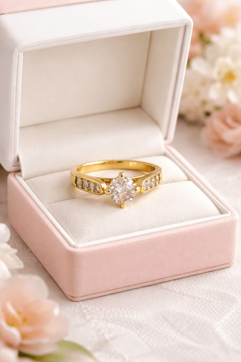 Gold ring with a diamond in a pink jewelry box