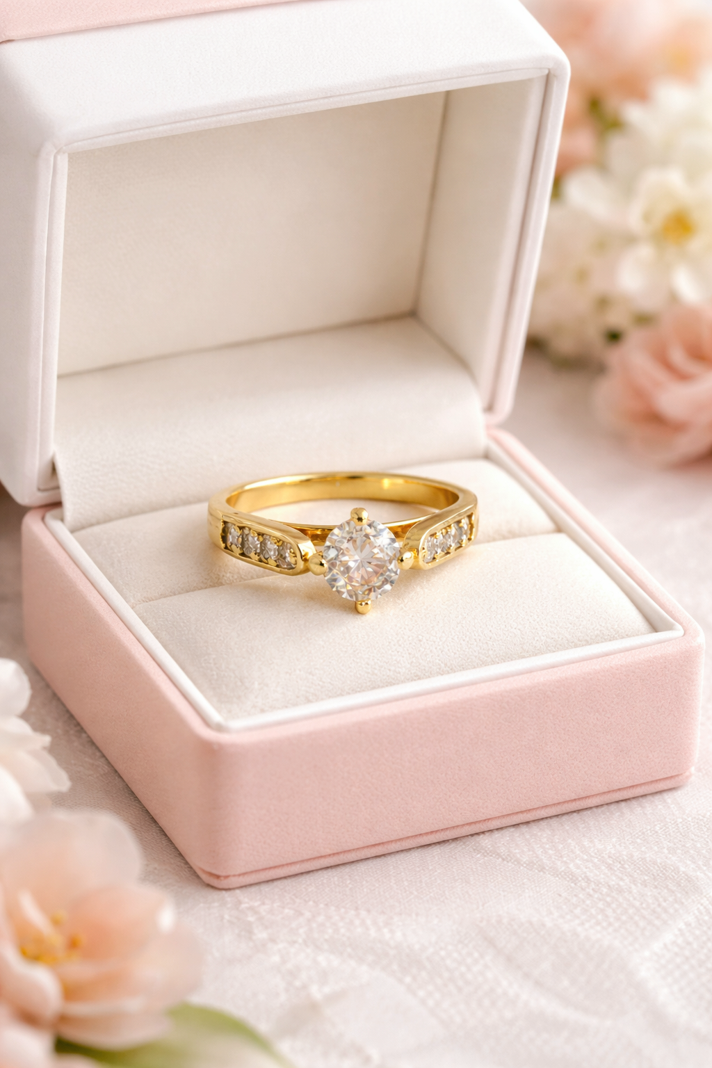 Gold ring with a diamond in a pink jewelry box