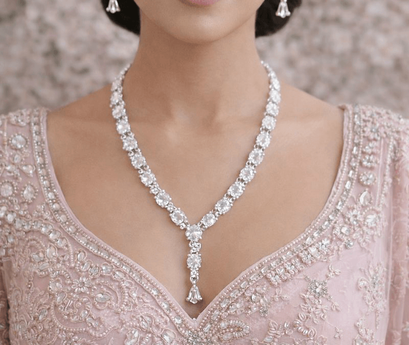 Close-up of a woman wearing a sparkling diamond necklace on a blurred background