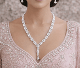 Close-up of a woman wearing a sparkling diamond necklace on a blurred background