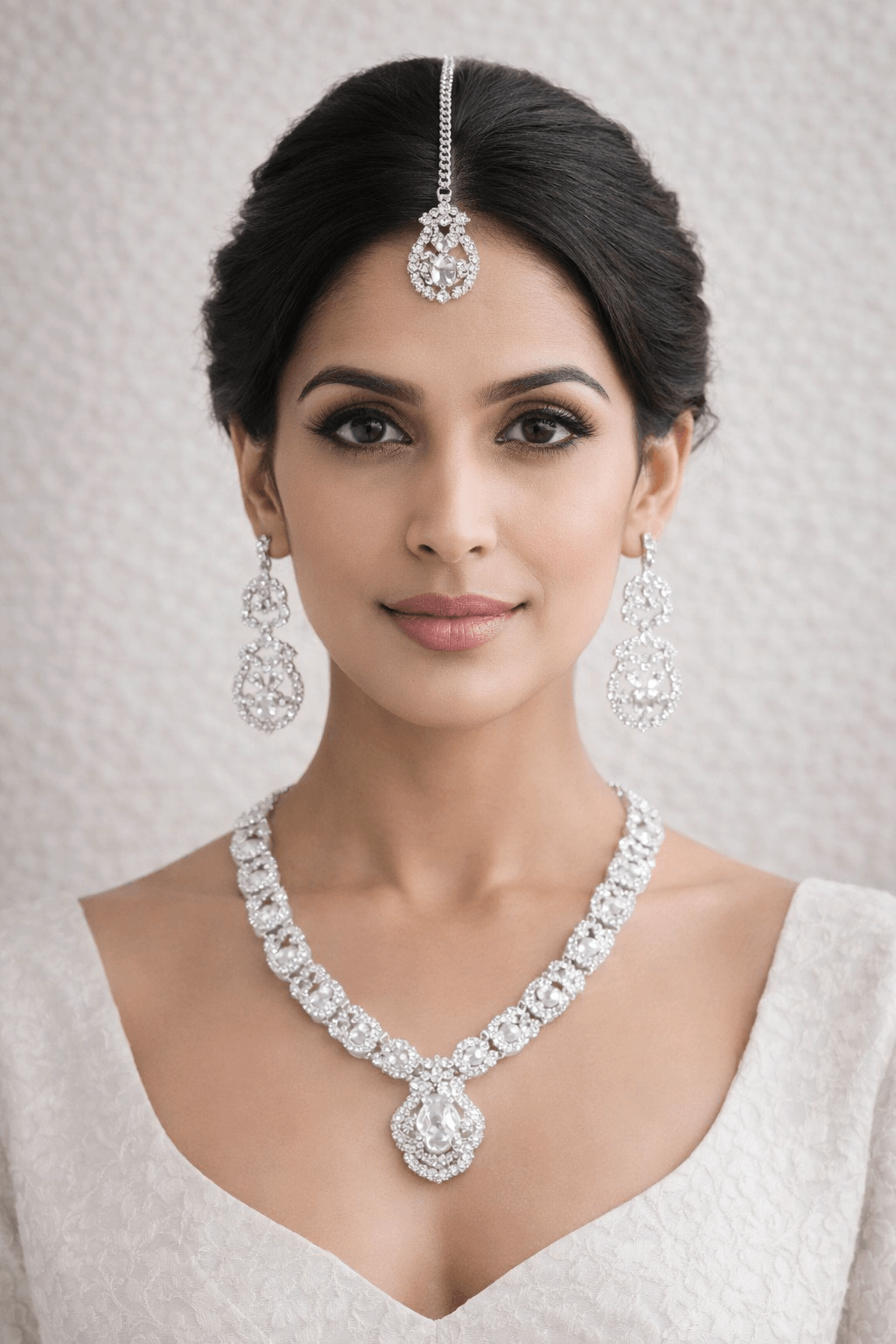 Woman wearing a luxurious diamond necklace, earrings, and headpiece against a neutral background