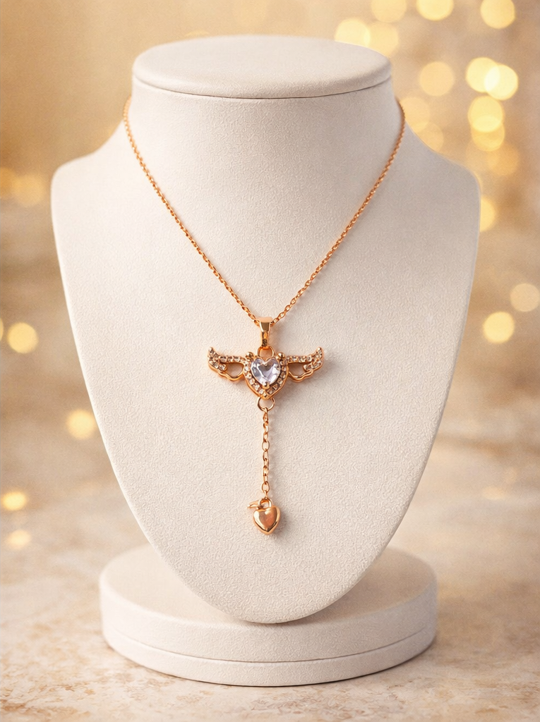 Rose gold necklace with a heart-shaped pendant on a white mannequin bust against a blurred golden light background.