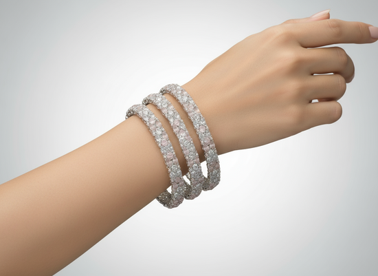 Blush Pink Crystal Bangle  Elegant Silver Sparkle