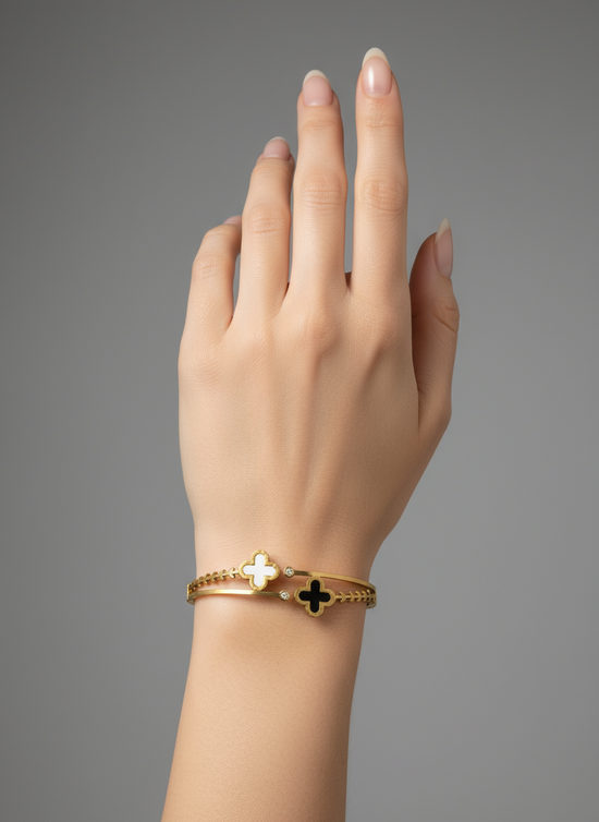 Gold Clover Enamel Bangle - Black & White Dual Charm