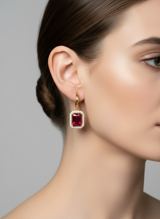 Elegant Rectangle Stone Drop Hoop Earrings - Crystal & Ruby Dangle Hoops for Women