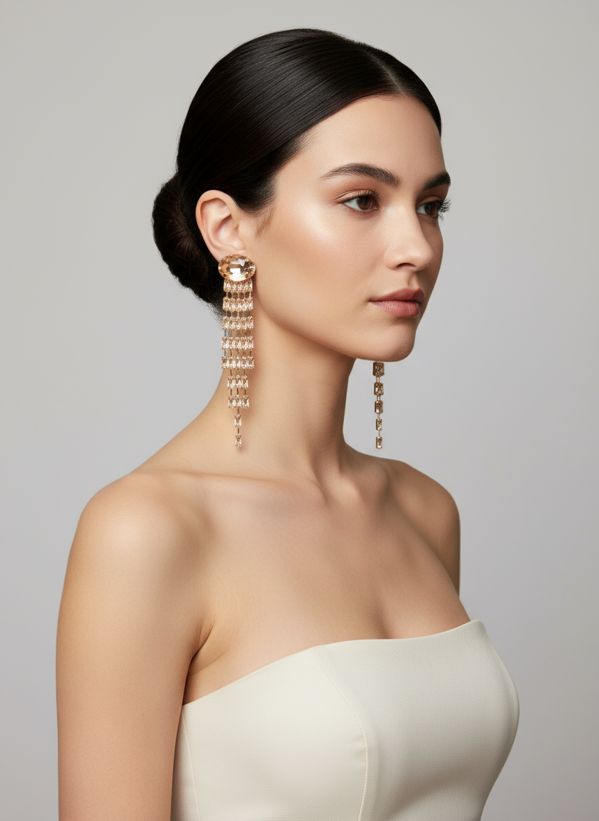 Woman wearing long, dangling earrings against a neutral background