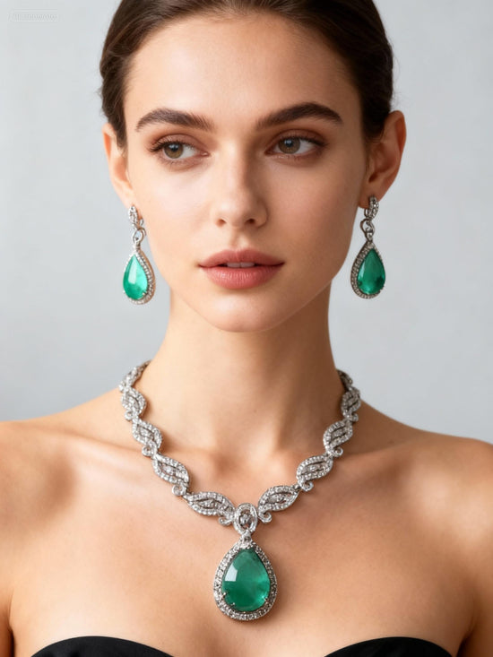 Emerald Green Teardrop Necklace & Earrings Set  Silver Plated with Crystals